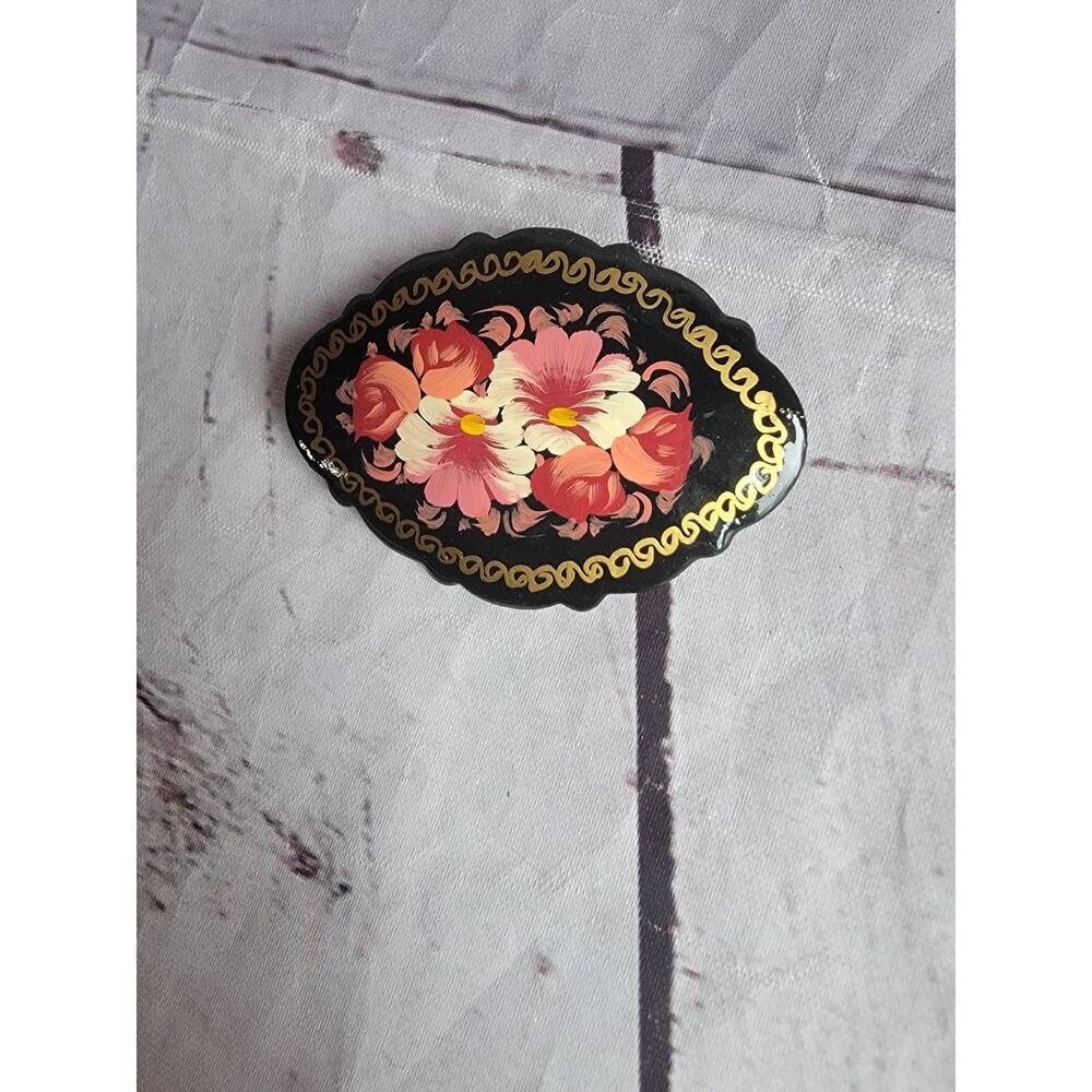 Vintage Hand Painted Russian Floral Black Mourning Brooch Pin Signed 2inches